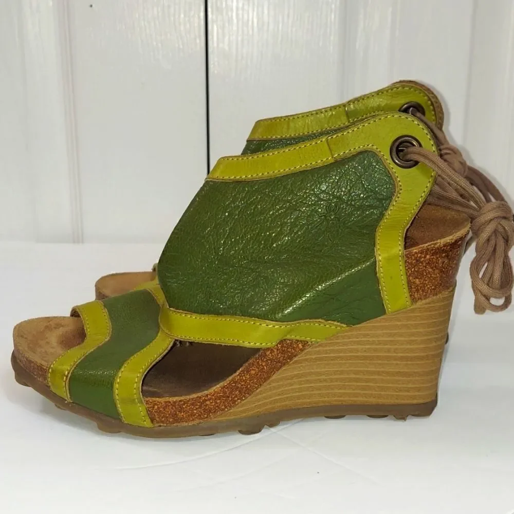 Fly London Luxe Kiwi & Olive Tieback Leather Platform Wedge Sandals Sz 36